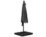 Closed black outdoor parasol with sturdy square base on white background