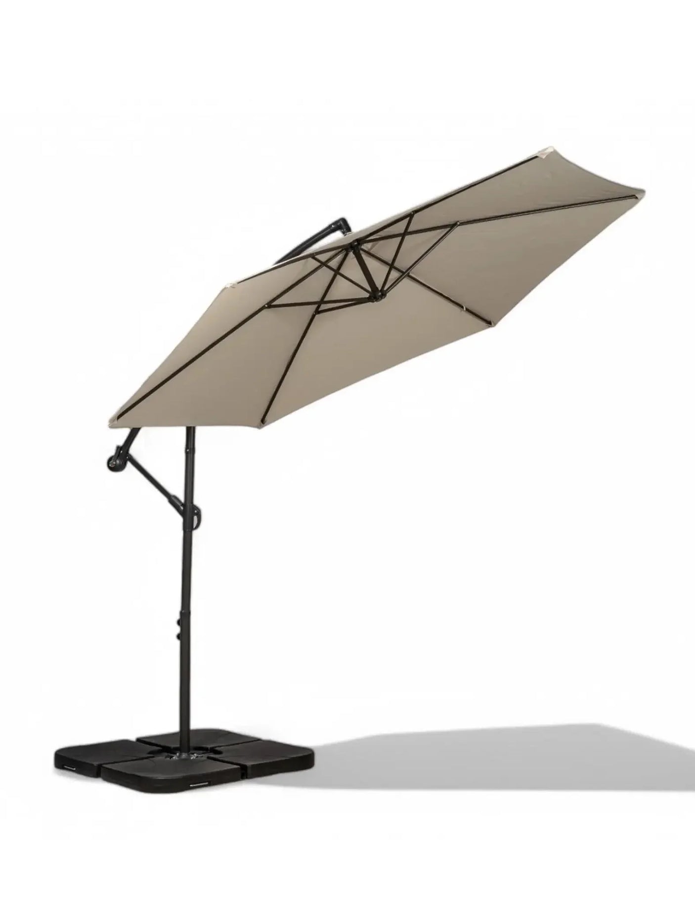 Beige cantilever garden parasol with black base and metal frame on white background