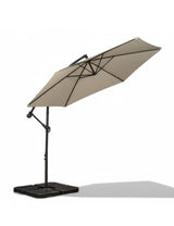 Beige cantilever garden parasol with black base and metal frame on white background