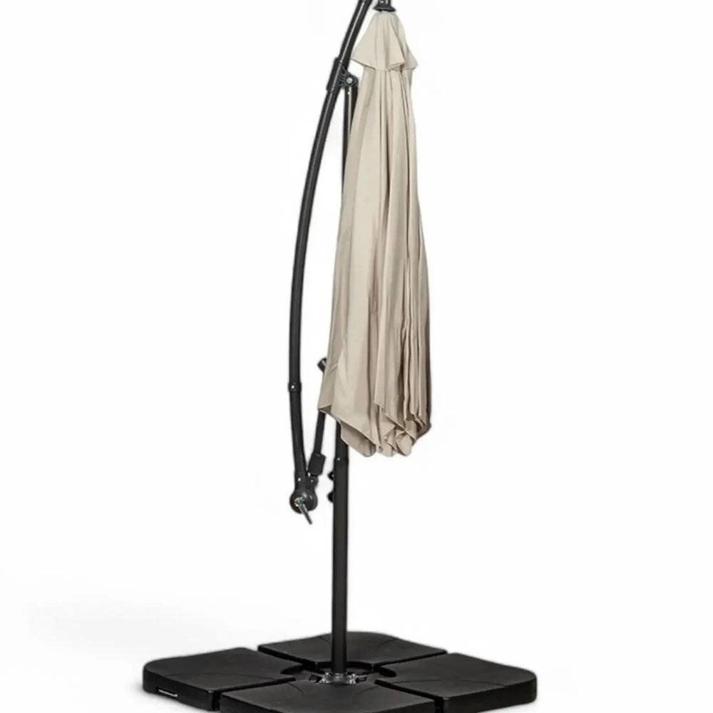Beige cantilever garden parasol with closed canopy and black weighted base