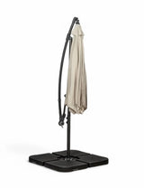 Beige cantilever garden parasol with closed canopy and black weighted base