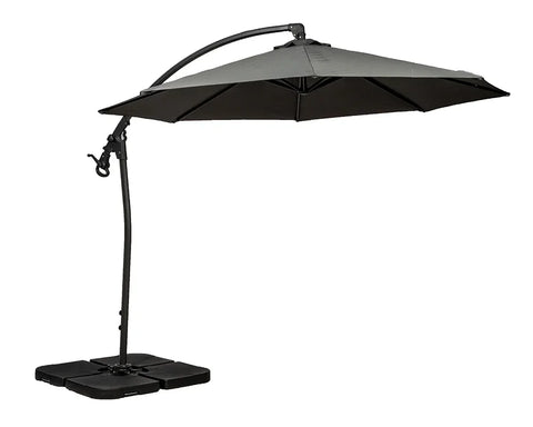 Grey cantilever garden parasol with sturdy square base and adjustable arm
