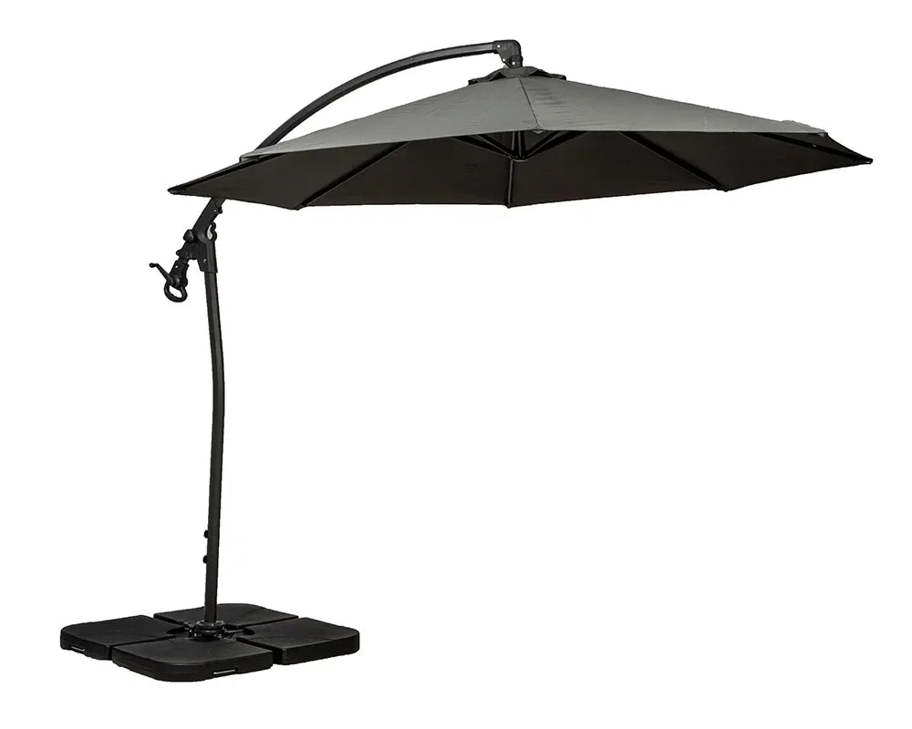 Grey cantilever garden parasol with sturdy square base and adjustable arm