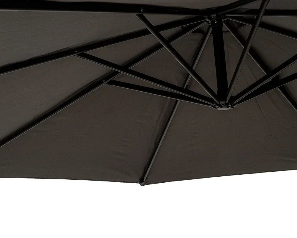 Close view of black outdoor parasol canopy with metal support ribs