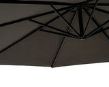 Close view of black outdoor parasol canopy with metal support ribs