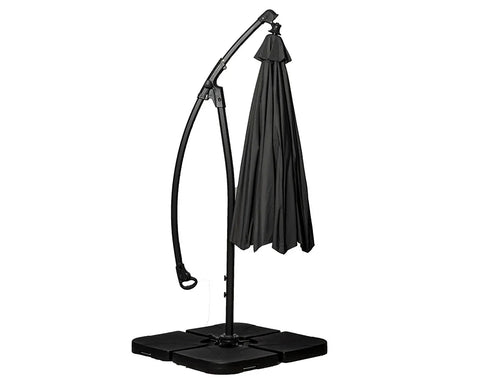 Black cantilever garden parasol with base and closed canopy, side view
