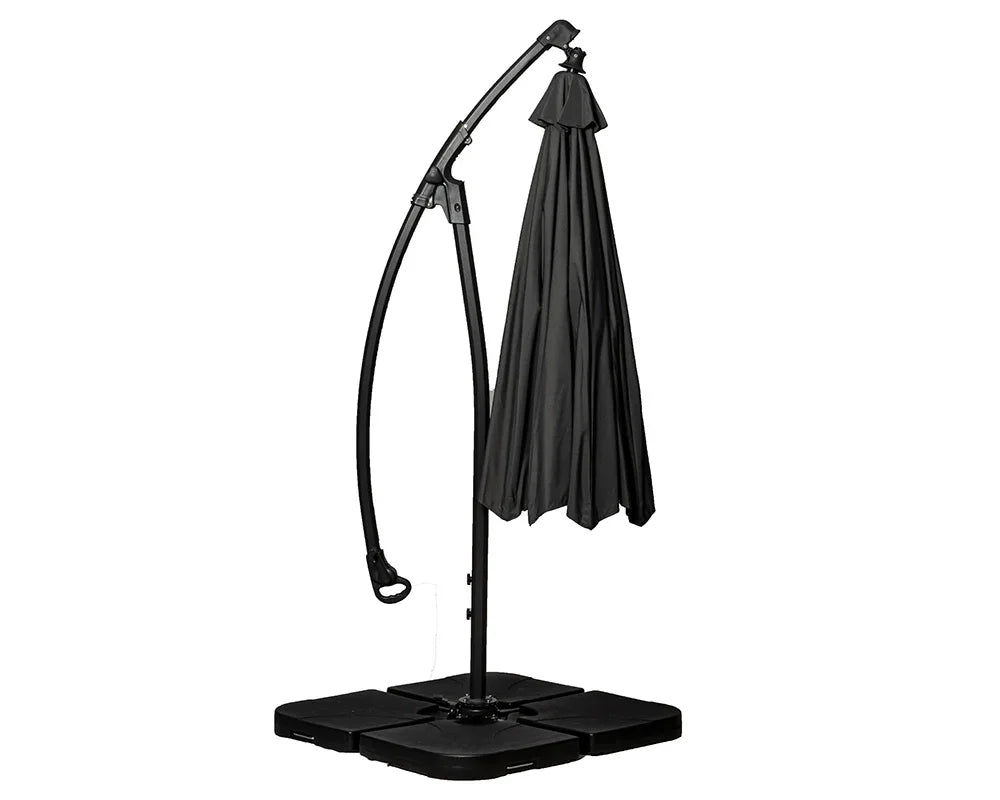 Black cantilever garden parasol with base and closed canopy, side view