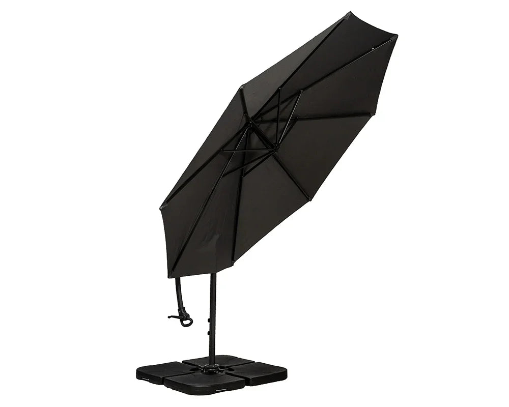 Black cantilever garden parasol with sturdy base and crank handle