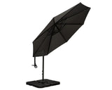 Black cantilever garden parasol with crank handle and sturdy base on white background