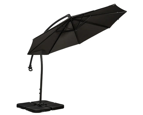 Black cantilever garden parasol with square base and sturdy metal frame
