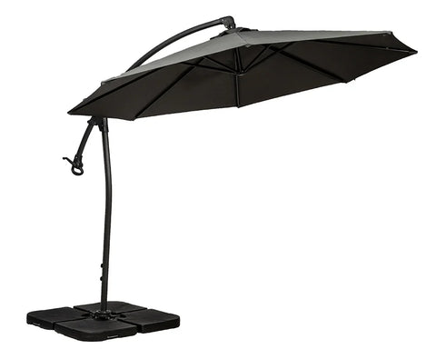 Black cantilever garden parasol with cross base and curved metal pole