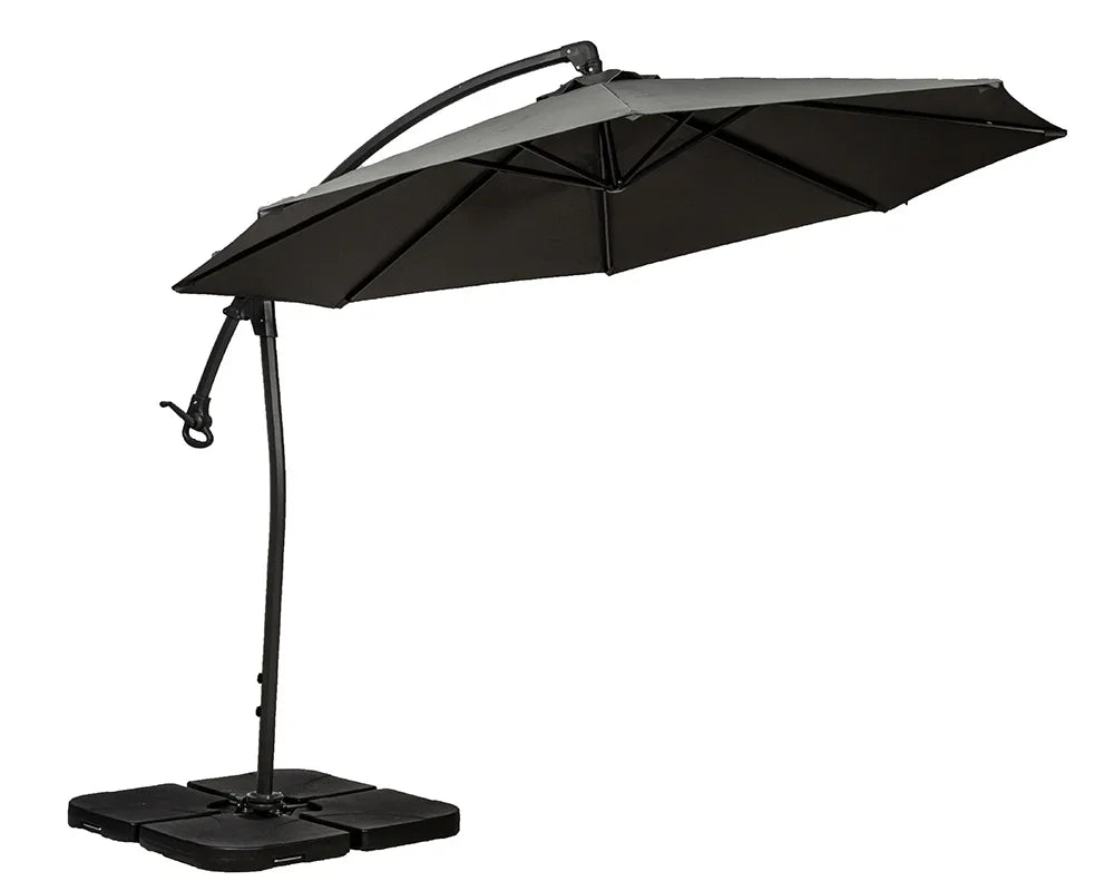 Black cantilever garden parasol with cross base and curved metal pole