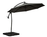 Black cantilever garden parasol with cross base and curved metal pole