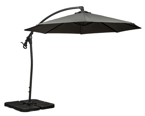 Black cantilever garden parasol with weighted base and adjustable canopy