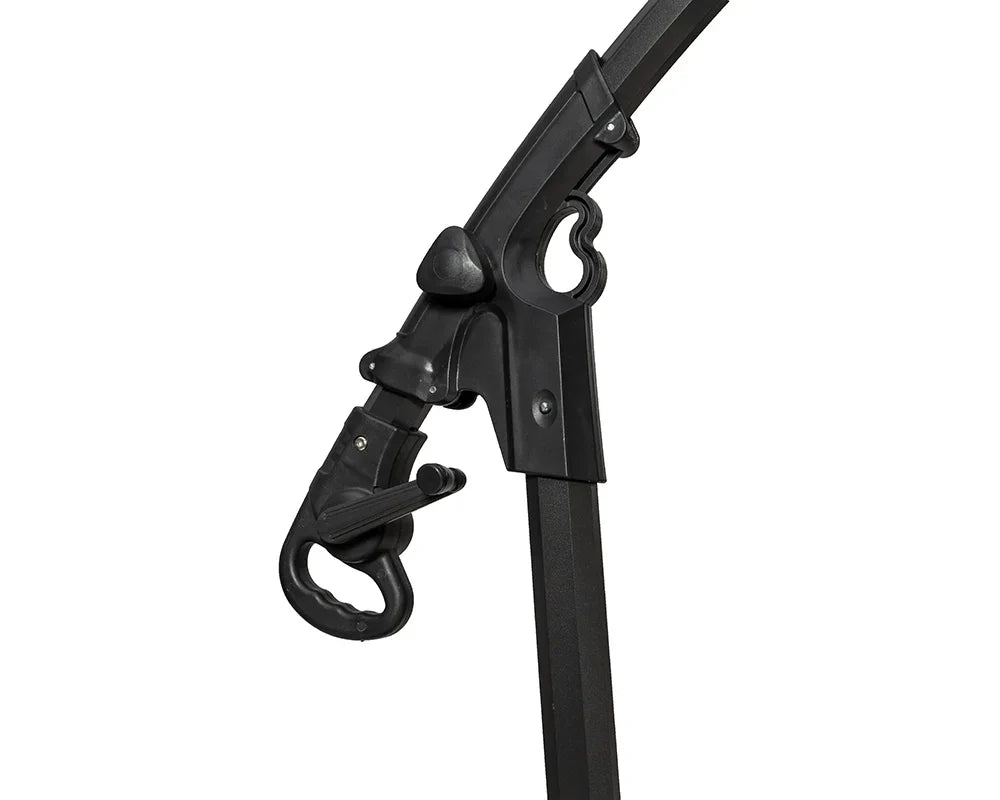 Black metal hanging chair stand frame with hook and locking mechanism close-up