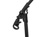 Black metal hanging chair stand frame with hook and locking mechanism close-up