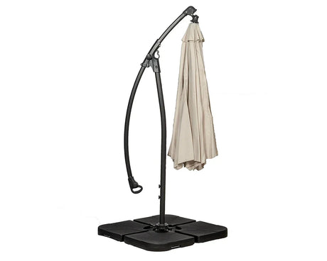 Cream cantilever garden parasol with black base and metal frame, closed position