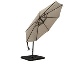 Cantilever garden parasol with beige canopy and black base, side angle view