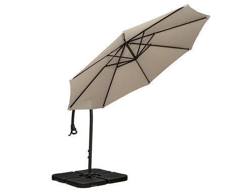 Beige cantilever garden parasol with black frame and square base on white background