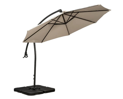 Beige cantilever garden parasol with sturdy base and steel frame, side view
