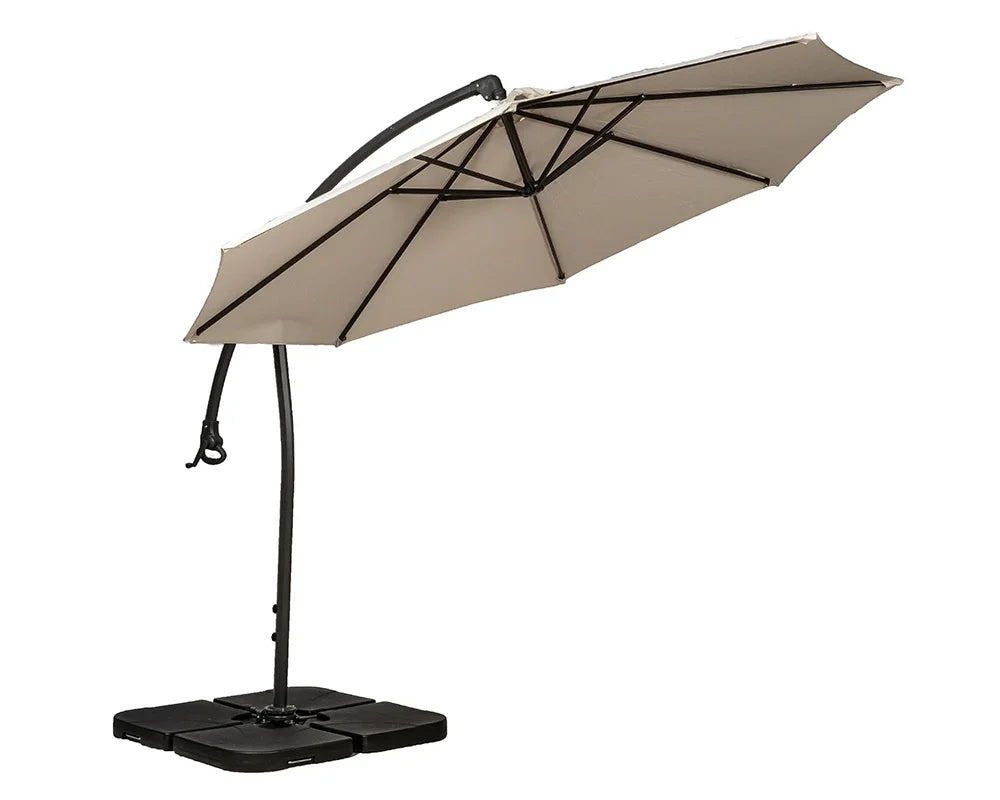 Beige cantilever garden parasol with sturdy base and steel frame, side view