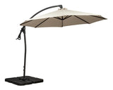 Beige cantilever garden parasol with sturdy black base and curved metal frame
