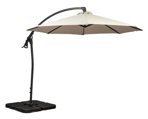 Beige cantilever garden parasol with crank handle and black weighted base