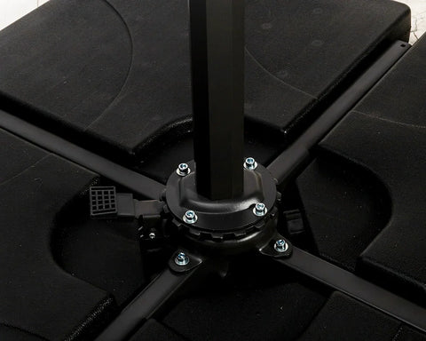 Black metal parasol base with cross support arms and secured bolts for garden umbrella