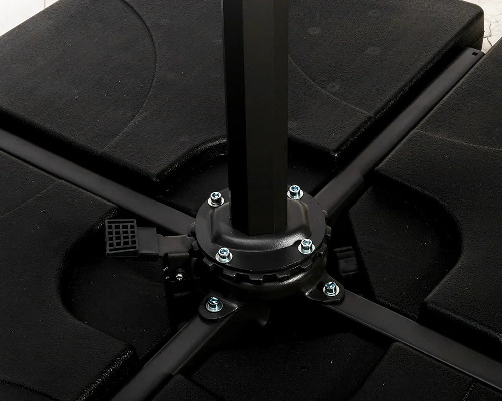 Black metal parasol base with cross support arms and secured bolts for garden umbrella