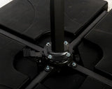 Black metal parasol base with cross support arms and secured bolts for garden umbrella