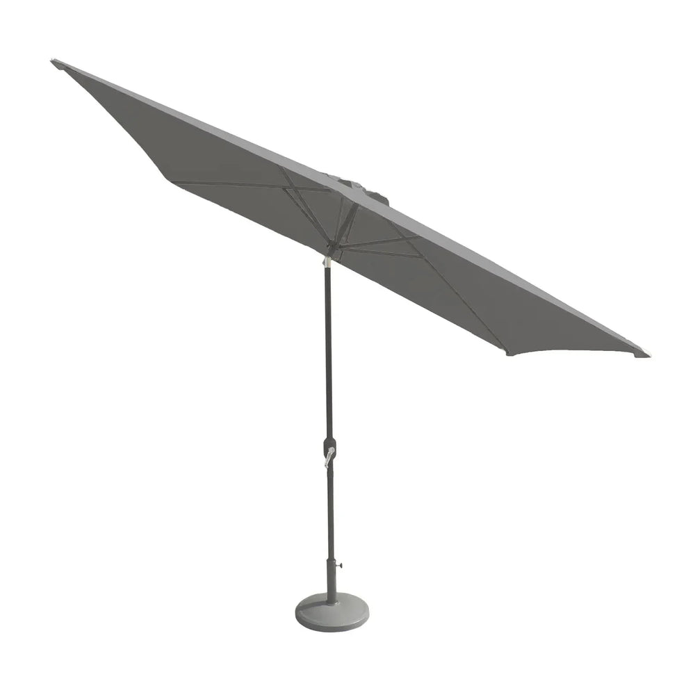 Grey outdoor garden parasol with metal pole and round base side view