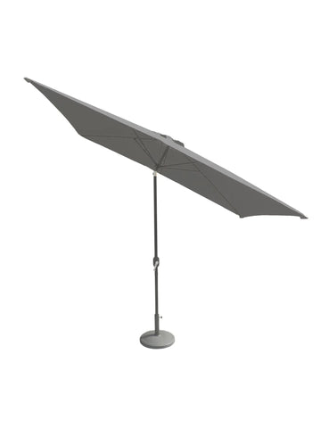 Grey outdoor garden parasol with metal pole and round base side view