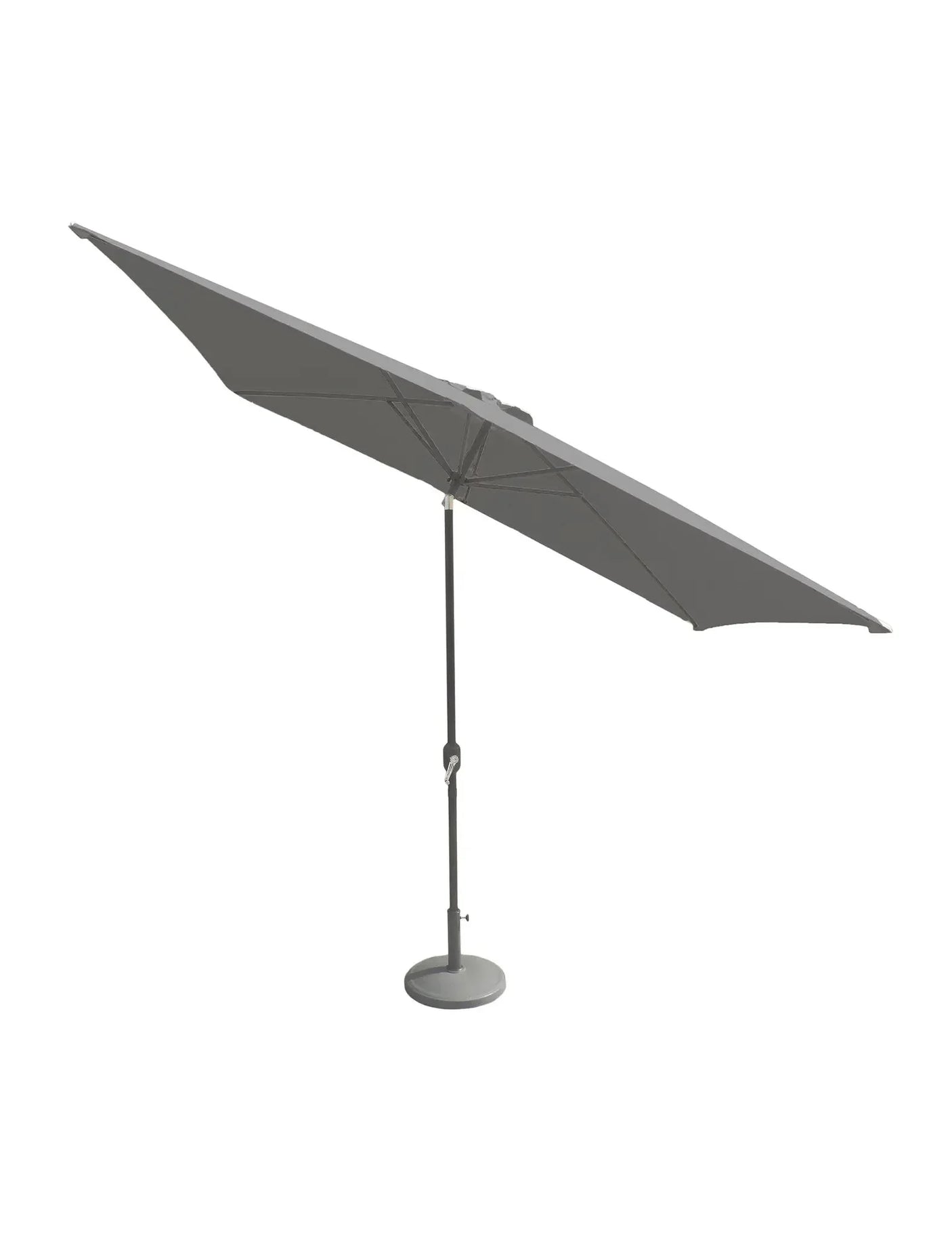 Grey outdoor garden parasol with metal pole and round base side view