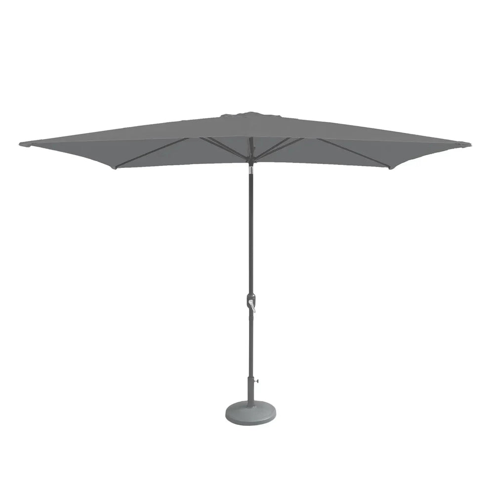 Grey outdoor garden parasol with crank handle and round base, fully open