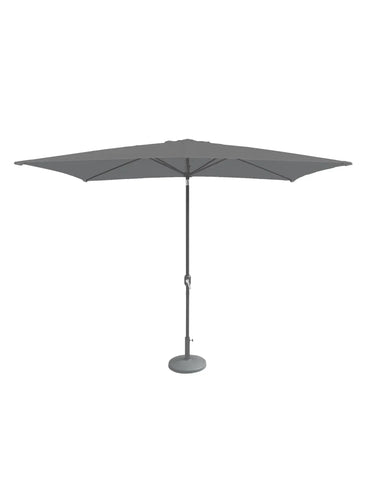 Grey outdoor garden parasol with crank handle and round base, fully open