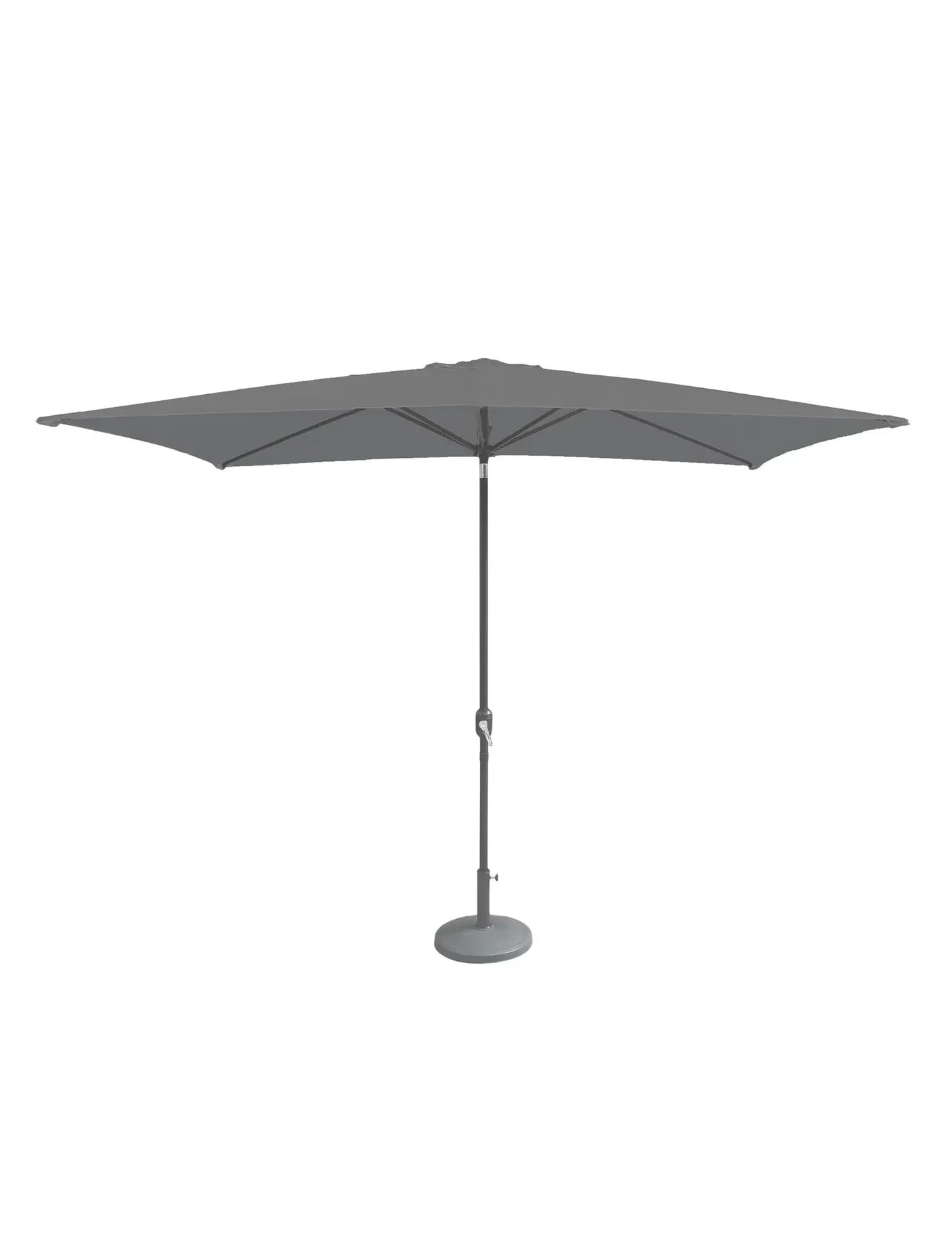 Grey outdoor garden parasol with crank handle and round base, fully open