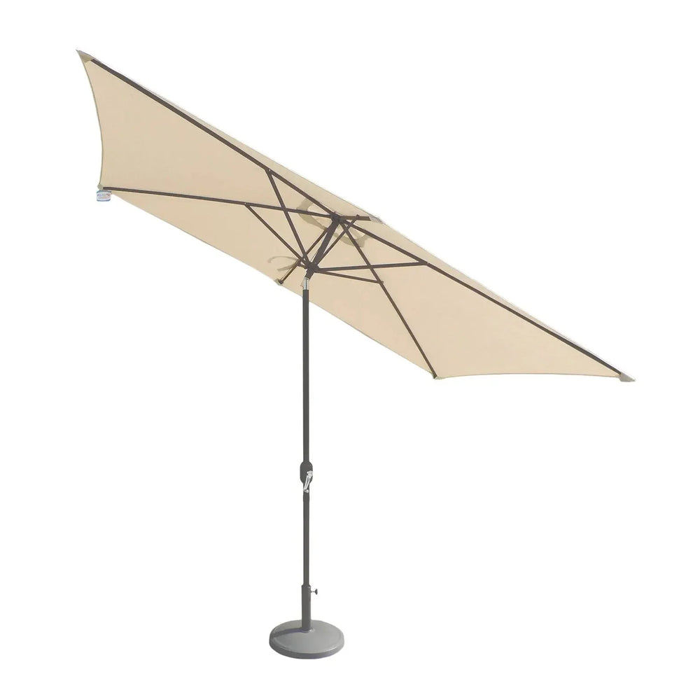 Beige rectangular garden parasol with metal pole and base, angled for outdoor shade
