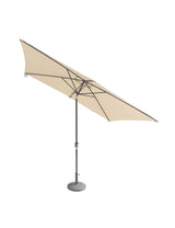 Beige rectangular garden parasol with metal pole and base, angled for outdoor shade