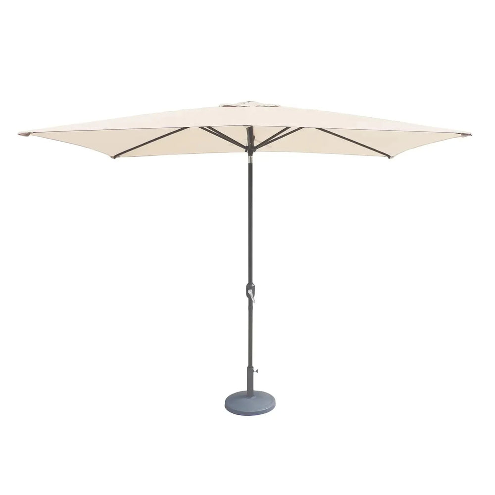 Cream rectangular outdoor parasol with metal pole and round base