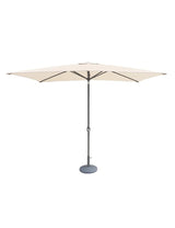 Cream rectangular outdoor parasol with metal pole and round base