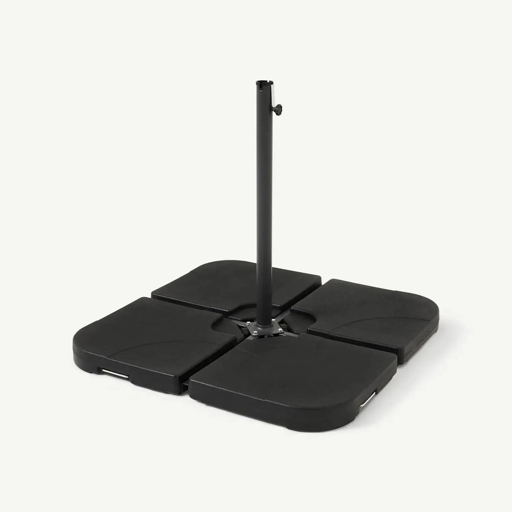 Black cantilever parasol base with four square sections and central pole support