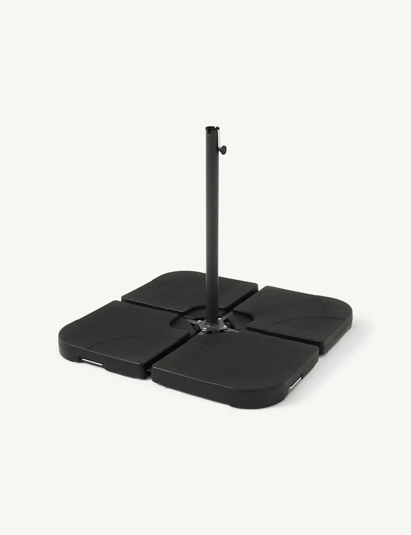Black cantilever parasol base with four square sections and central pole support