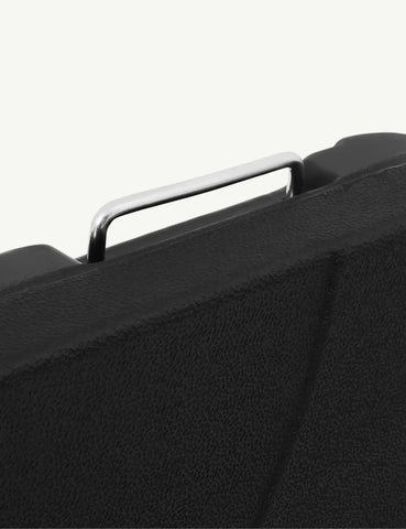 Textured black case with silver metal handle close up, durable storage solution detail
