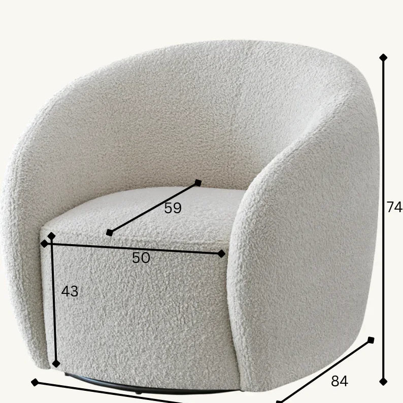 Cream boucle accent chair with curved backrest and detailed sofa dimensions in centimeters