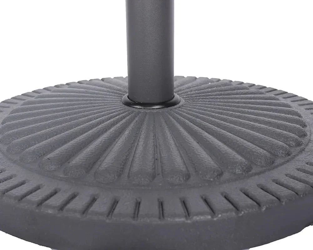 Round cast iron parasol base with textured radial pattern and central pole holder