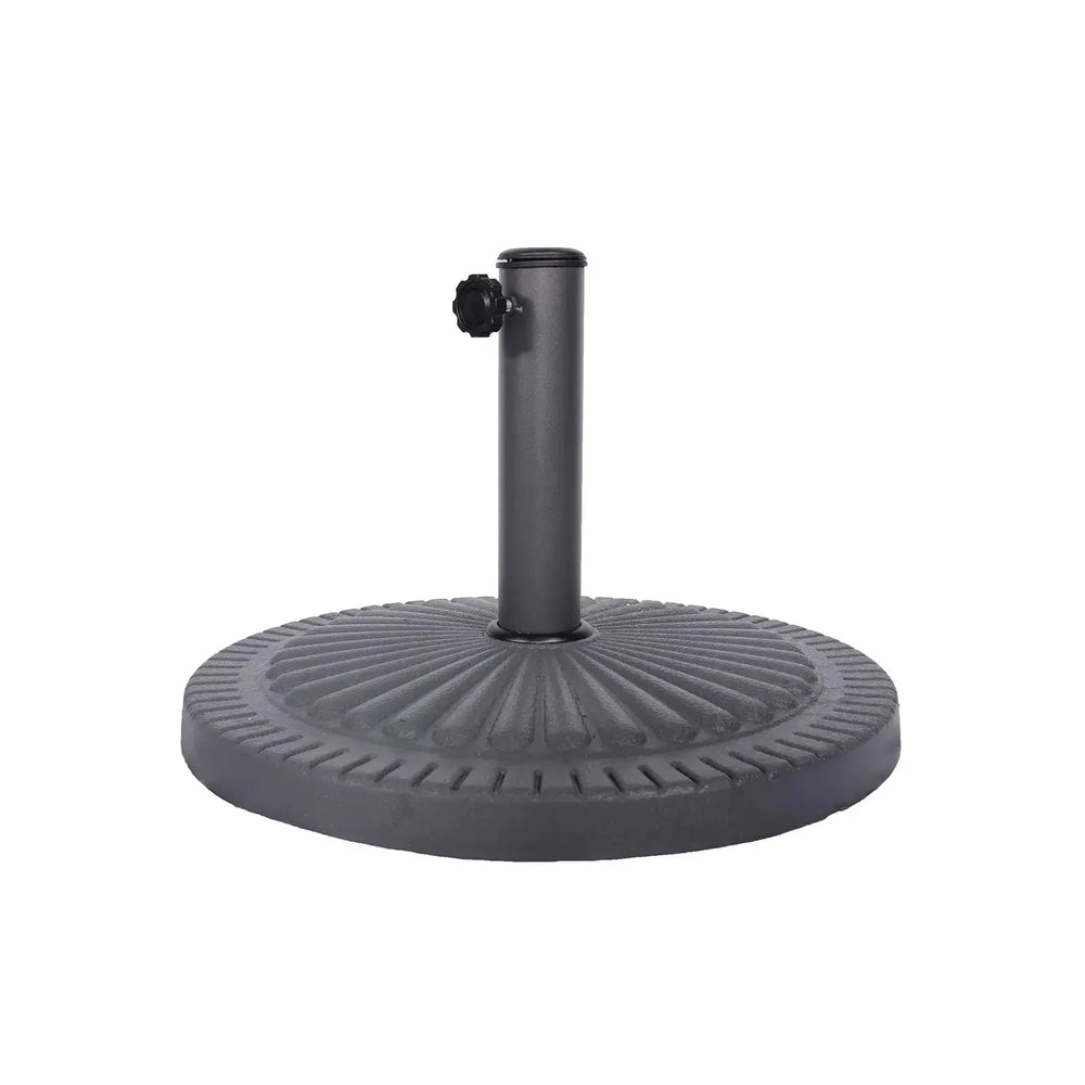 black metal parasol base with round patterned design and tightening knob, front view