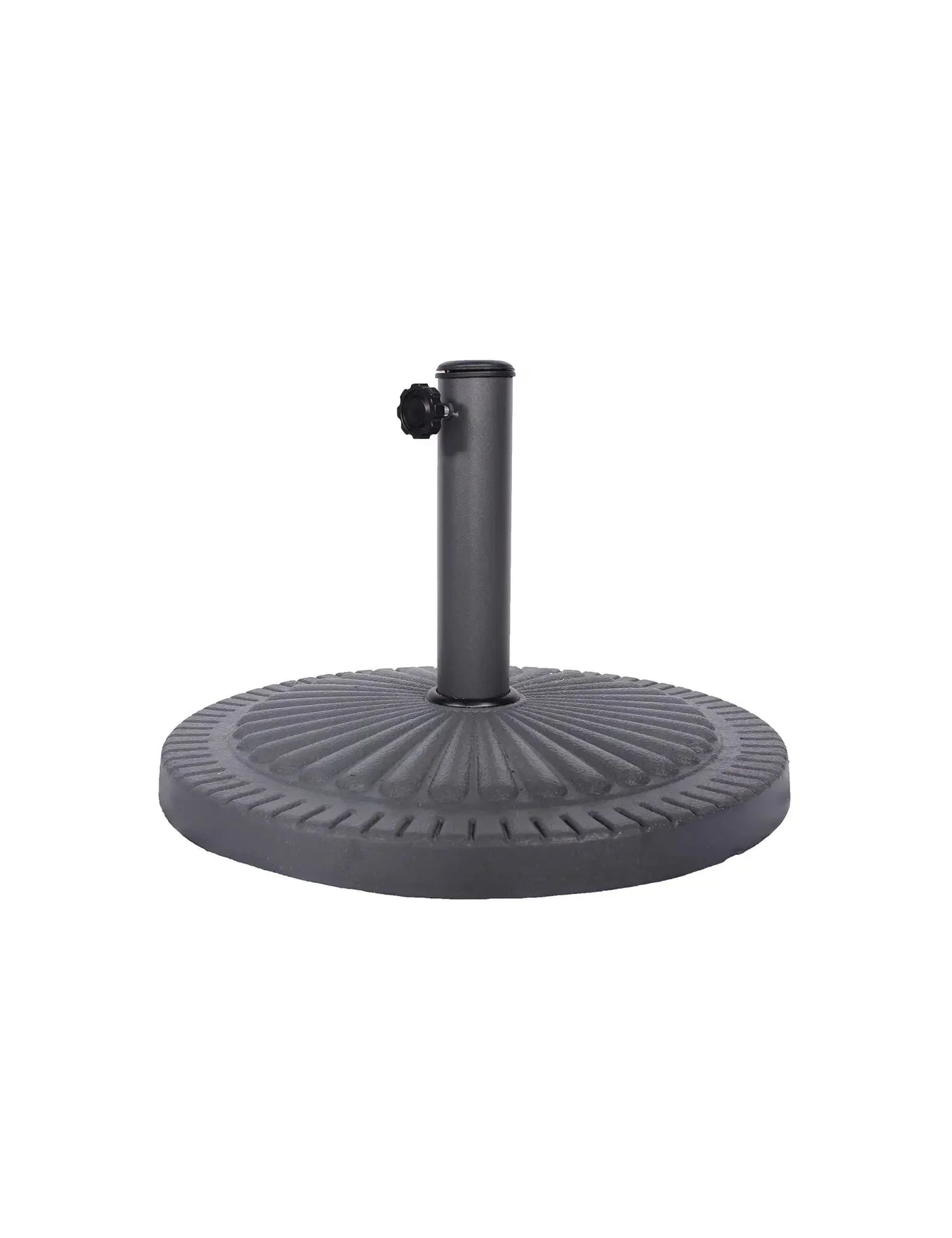 black metal parasol base with round patterned design and tightening knob, front view