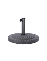 black metal parasol base with round patterned design and tightening knob, front view