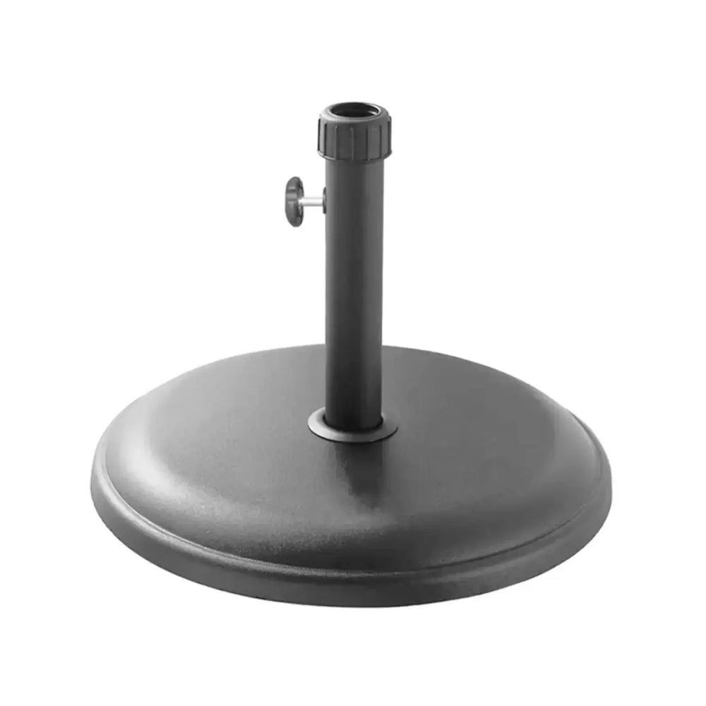 Black metal parasol base with round weighted design and side tightening knob