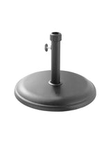Black metal parasol base with round weighted design and side tightening knob